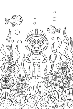 Huggy Wuggy underwater garden coloring pages
