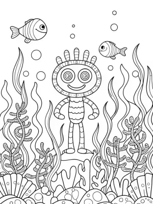 Huggy Wuggy underwater garden coloring pages