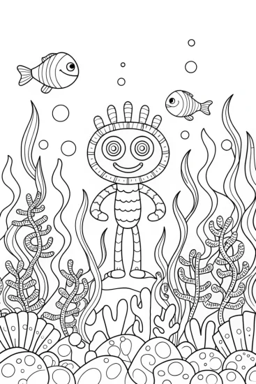 A coloring page of Huggy Wuggy underwater garden