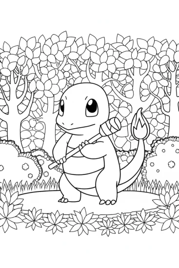 A coloring page of Charmander playing music in the woods