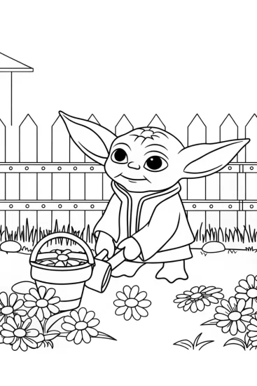 A coloring page of Baby Yoda tending his garden