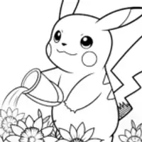 Pikachu watering cosmic flowers