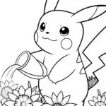 Pikachu watering cosmic flowers