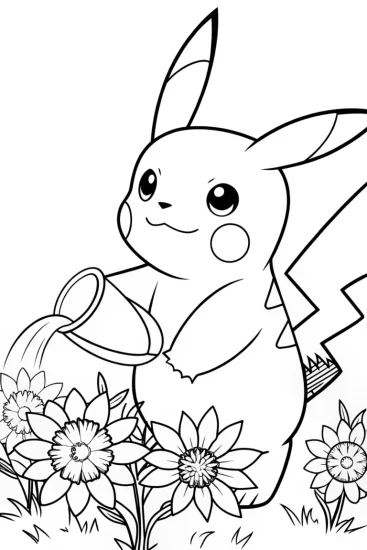 A coloring page of Pikachu watering cosmic flowers