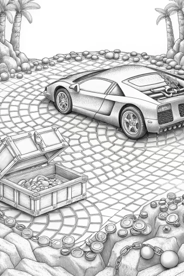A coloring page of Lamborghini treasure hunt