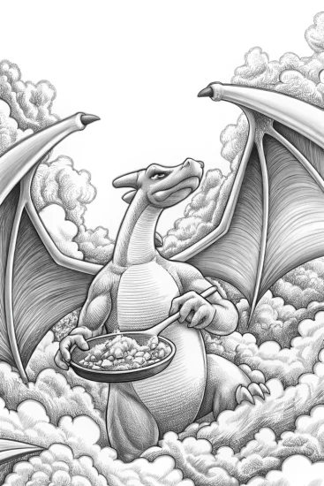 A coloring page of Charizard cooking in the sky