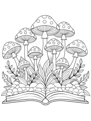 Mushrooms exploring a magical book coloring pages