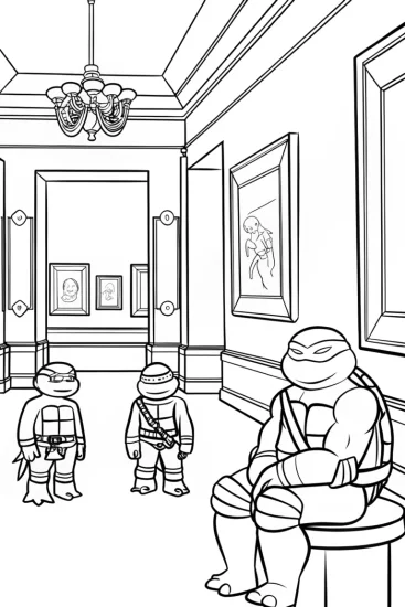 A coloring page of Ninja Turtles in an art gallery