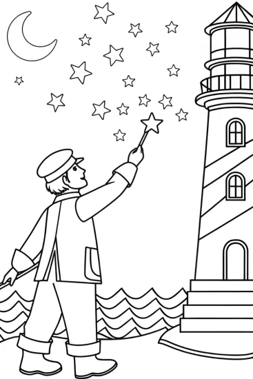 A coloring page of Lighthouse keeper collecting stars