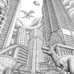 Dinosaurs in a futuristic city