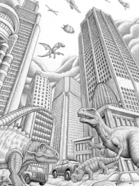 Dinosaurs in a futuristic city