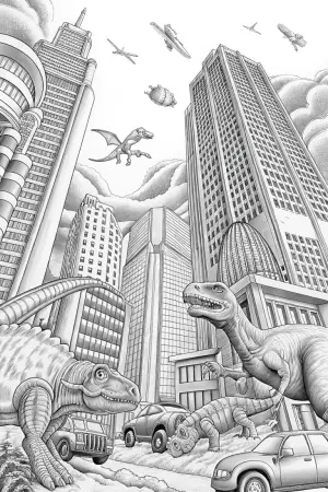 Dinosaurs in a futuristic city coloring pages
