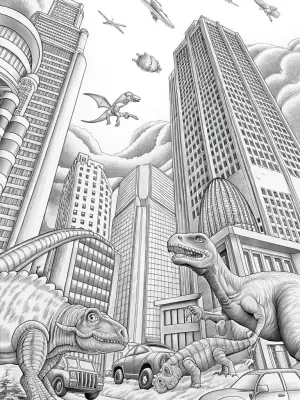 Dinosaurs in a futuristic city coloring pages