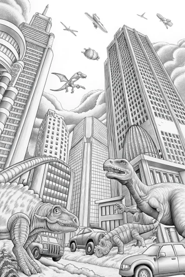 A coloring page of Dinosaurs in a futuristic city