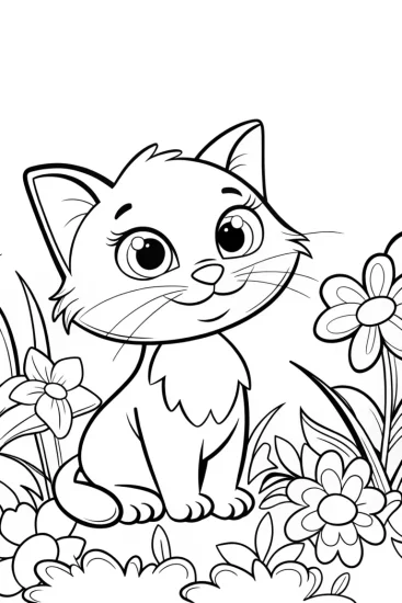 A coloring page of Whiskers the Cat in a garden