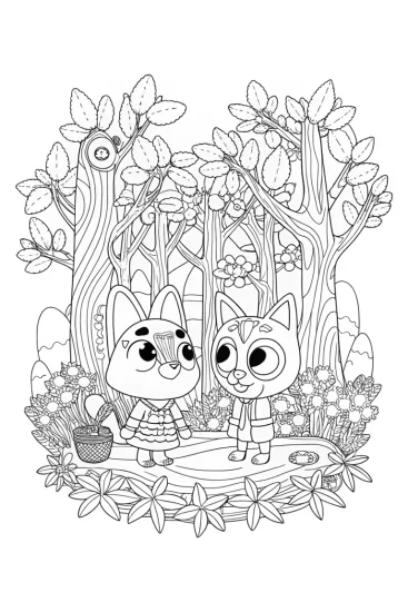 A coloring page of Bluey and Bingo’s forest adventure