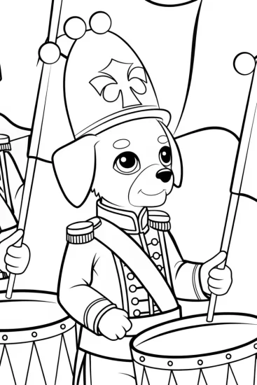 A coloring page of Puppy in a musical parade