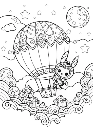 A coloring page of Kuromi’s skywriting adventure