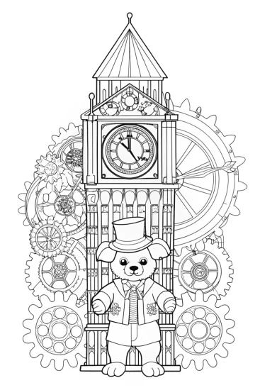 A coloring page of Puppy time traveler at the clock tower