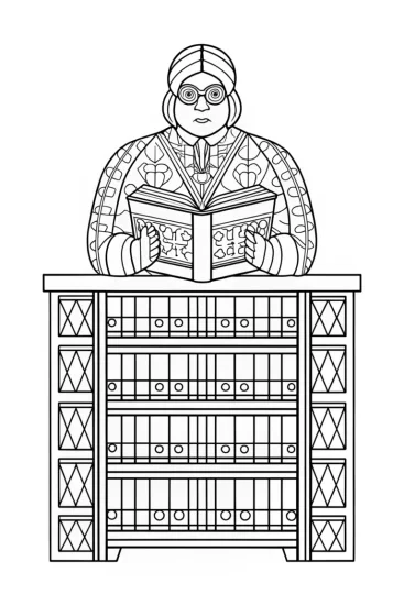 A coloring page of Hulk as a librarian