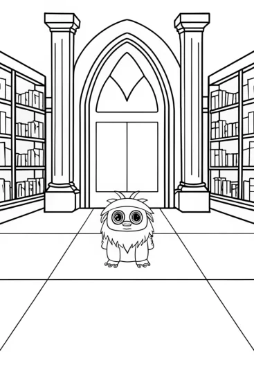 A coloring page of Monster guarding the enchanted library
