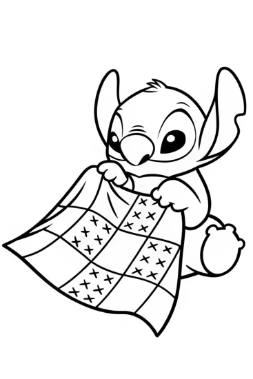 A coloring page of Stitch sewing a dream quilt