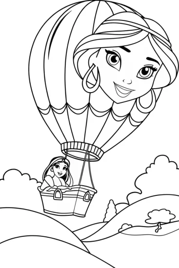 A coloring page of Jasmine’s balloon adventure