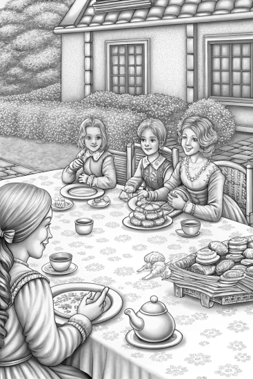 A coloring page of Minion’s time-traveling tea party