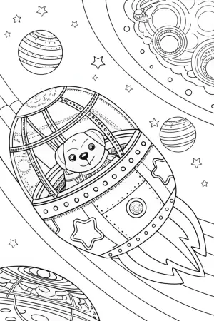 Puppy on a space train adventure coloring pages