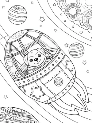 Puppy on a space train adventure coloring pages
