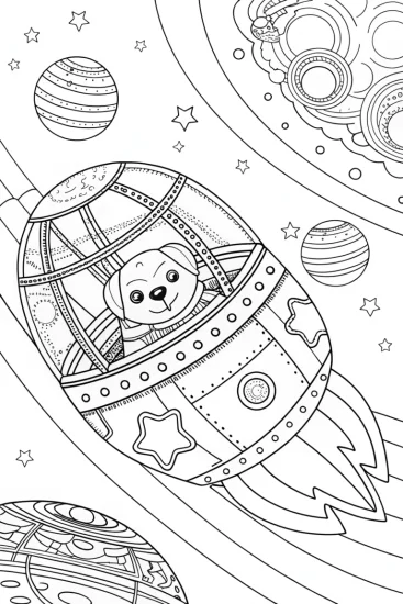 A coloring page of Puppy on a space train adventure