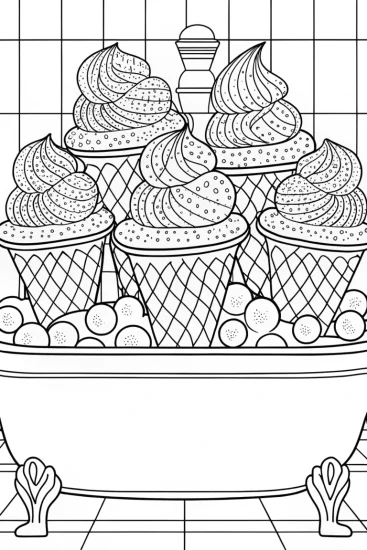 A coloring page of Ice cream cones in a bubble bath
