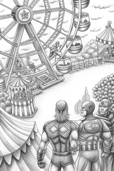 A coloring page of Avengers at the carnival