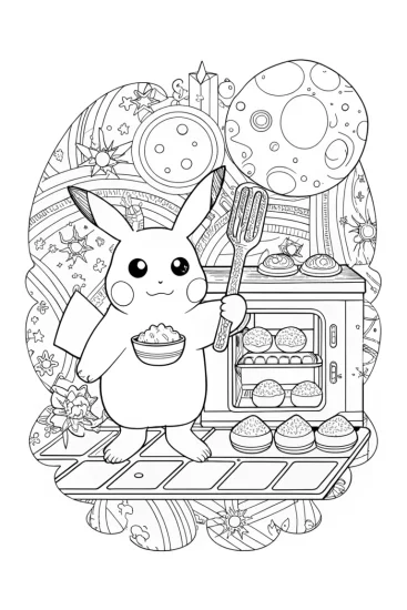 A coloring page of Pikachu baking in space