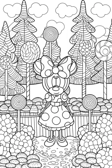 A coloring page of Minnie Mouse in a candy forest