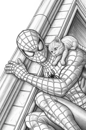 A coloring page of Spider-Man saving a kitten