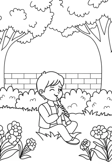A coloring page of JJ playing music in a garden