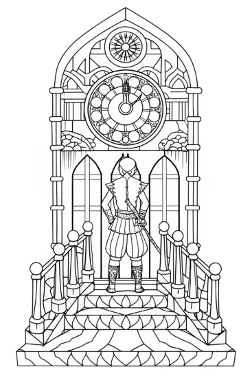 A coloring page of Ninja in the enchanted clock tower