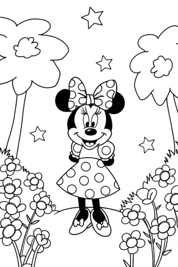 A coloring page of Minnie Mouse in a magical garden