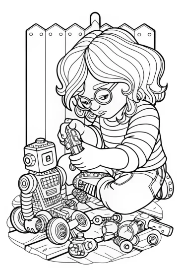 A coloring page of Gabby assembling a toy robot
