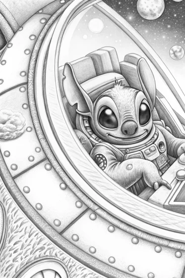 A coloring page of Stitch sewing in space contest