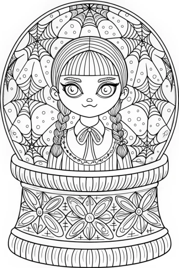 A coloring page of Wednesday Addams in a snow globe
