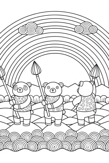 A coloring page of Pandas painting a rainbow