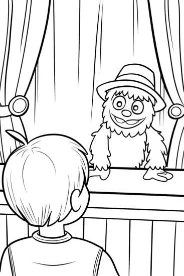 A coloring page of Huggy Wuggy’s shadow puppet show