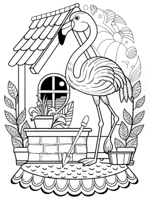 Flamingo architect designing lagoon coloring pages