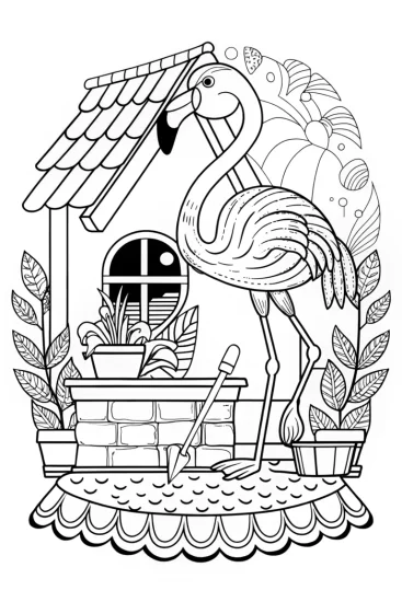 A coloring page of Flamingo architect designing lagoon