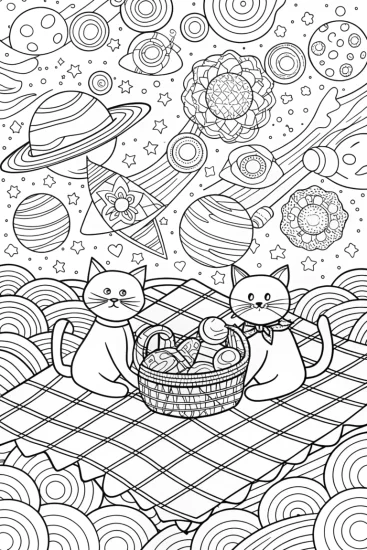 A coloring page of Cats having a picnic in space