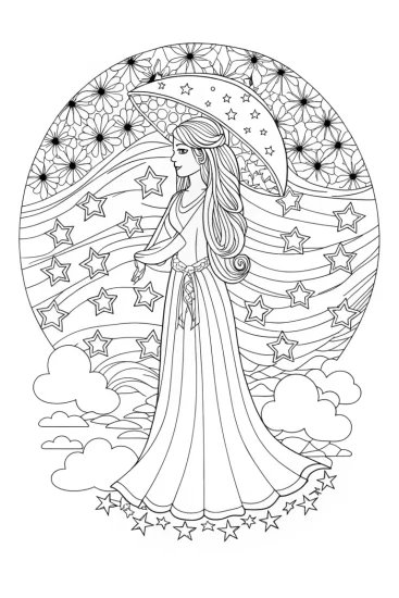 A coloring page of Gabby in a starry night sky