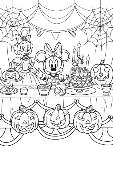 A coloring page of Minnie Mouse Halloween tea party
