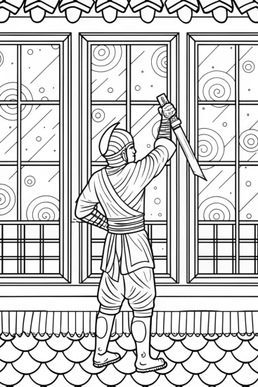 A coloring page of Ninja painting the sky